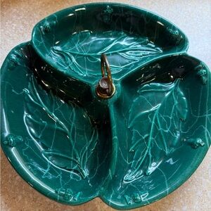 MCM Elegant Green Leaf Ceramic Serving Tray Made in USA Gold Handle